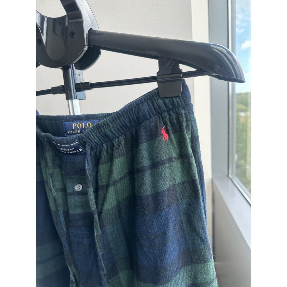 Polo Ralph Lauren Men's Flannel Plaid Pajama Pants Green Blue 100% Cotton M Logo